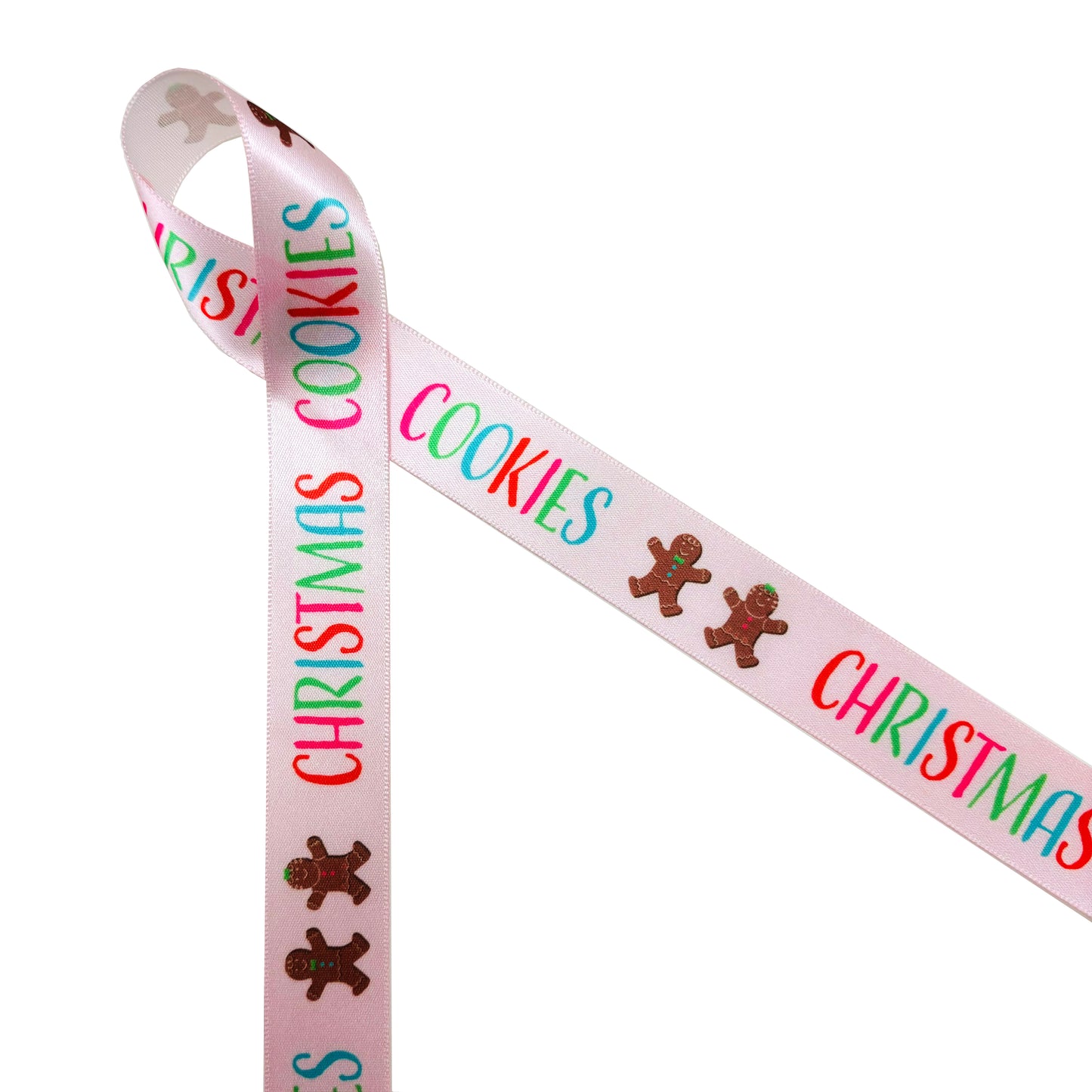 Christmas Cookie Ribbon in pastel colors on pink or mint green printed on 5/8" and 7/8" white single face satin