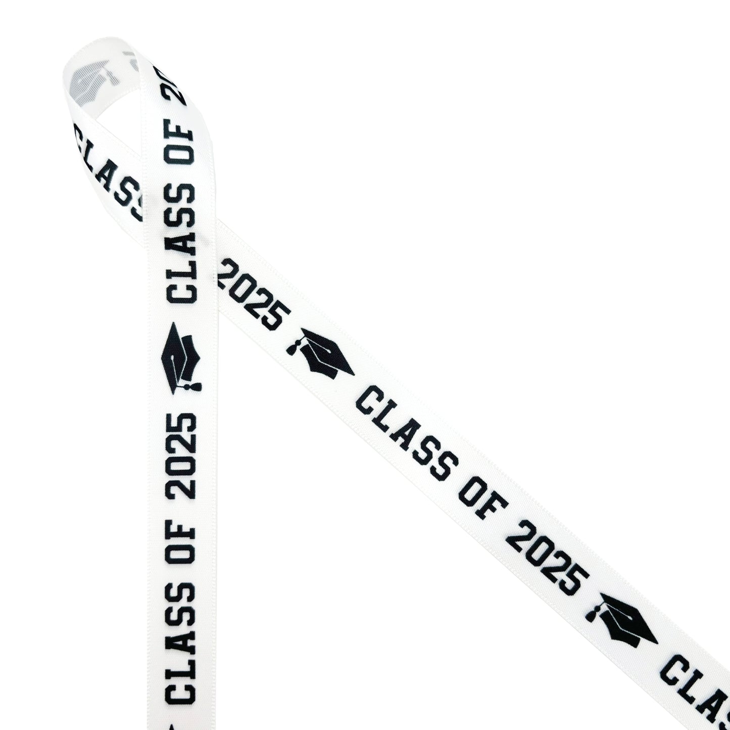 Graduation Class ribbon Class of 2025 in black with a black mortar board printed on 5/8" and 7/8" satin and grosgrain