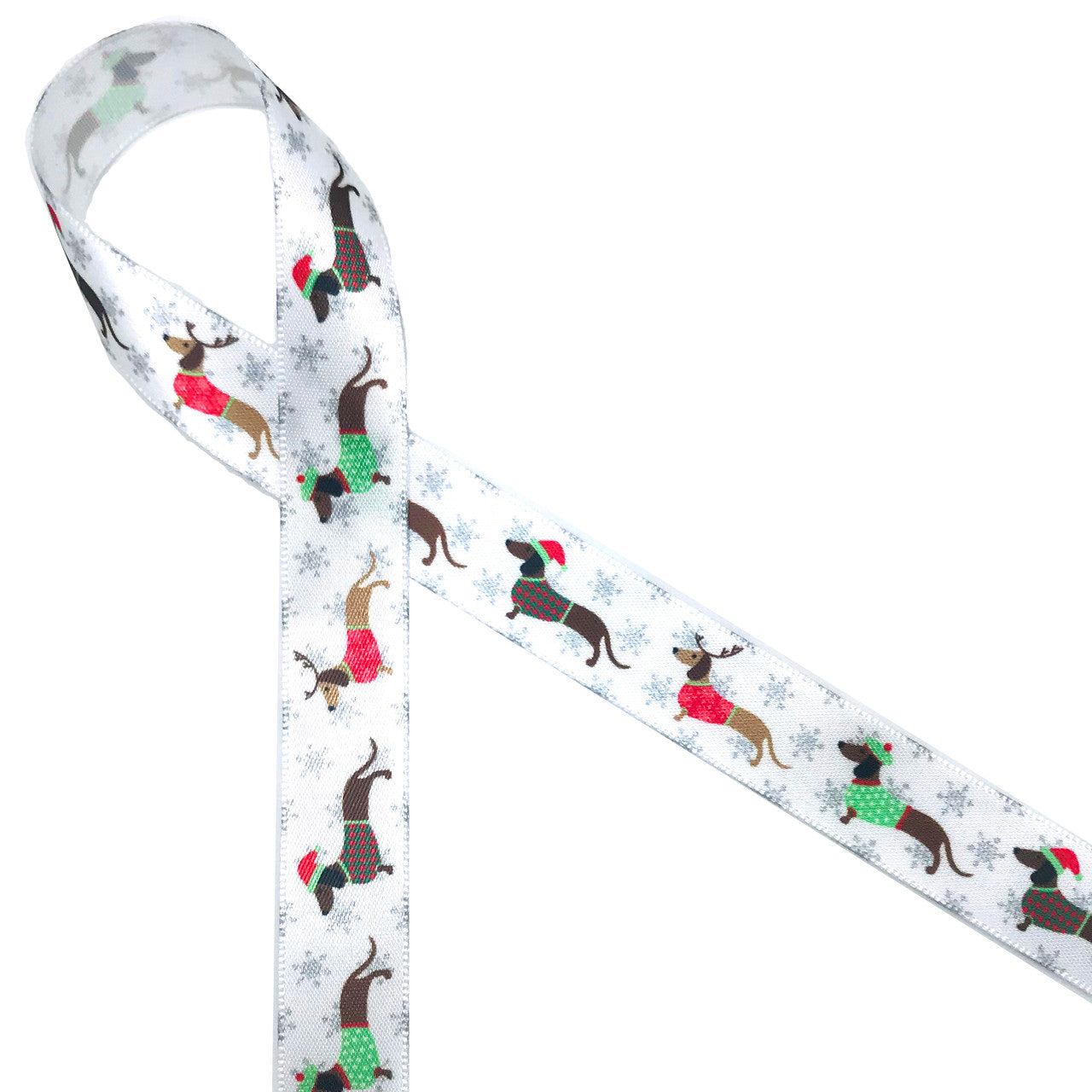 Dachshunds in the snow line up on a 5/8" white satin ribbon wearing their colorful Winter sweaters and hats of green and red.  Make this special ribbon part of your pet's Holiday celebration