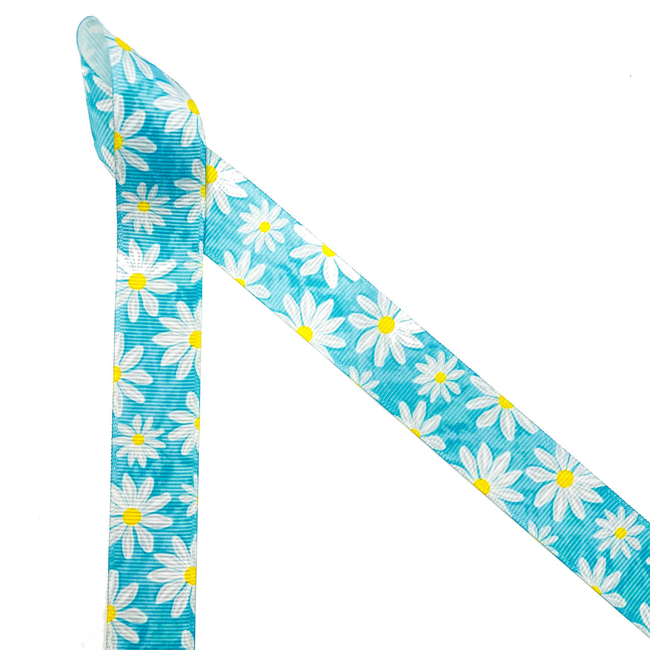 Daisies are the symbol of happiness in Spring and Summer! Daisy blossoms tossed on a blue water color background printed on 7/8" grosgrain ribbon is the perfect ribbon for Spring and Summer crafting. This is an ideal ribbon for gift wrap, gift baskets, garden parties, bridal showers and Mother's Day. Be sure to have this ribbon on hand for hair bows, head bands, sewing and quilting projects too. All our ribbon is designed and printed in the USA