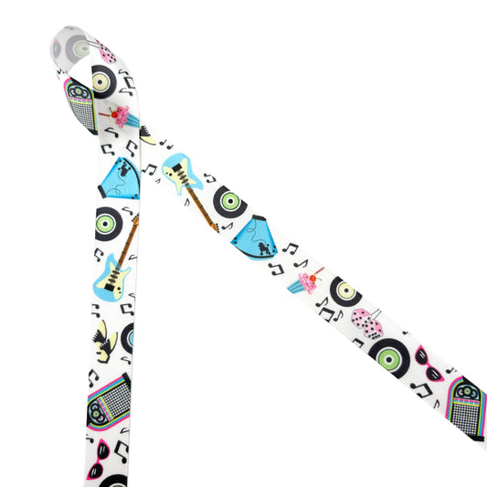 Sock Hop Vintage '50 ribbon featuring poodle skirts, guitars, Juke boxes, musical notes in turquoise, pink and black printed on 5/8" white satin