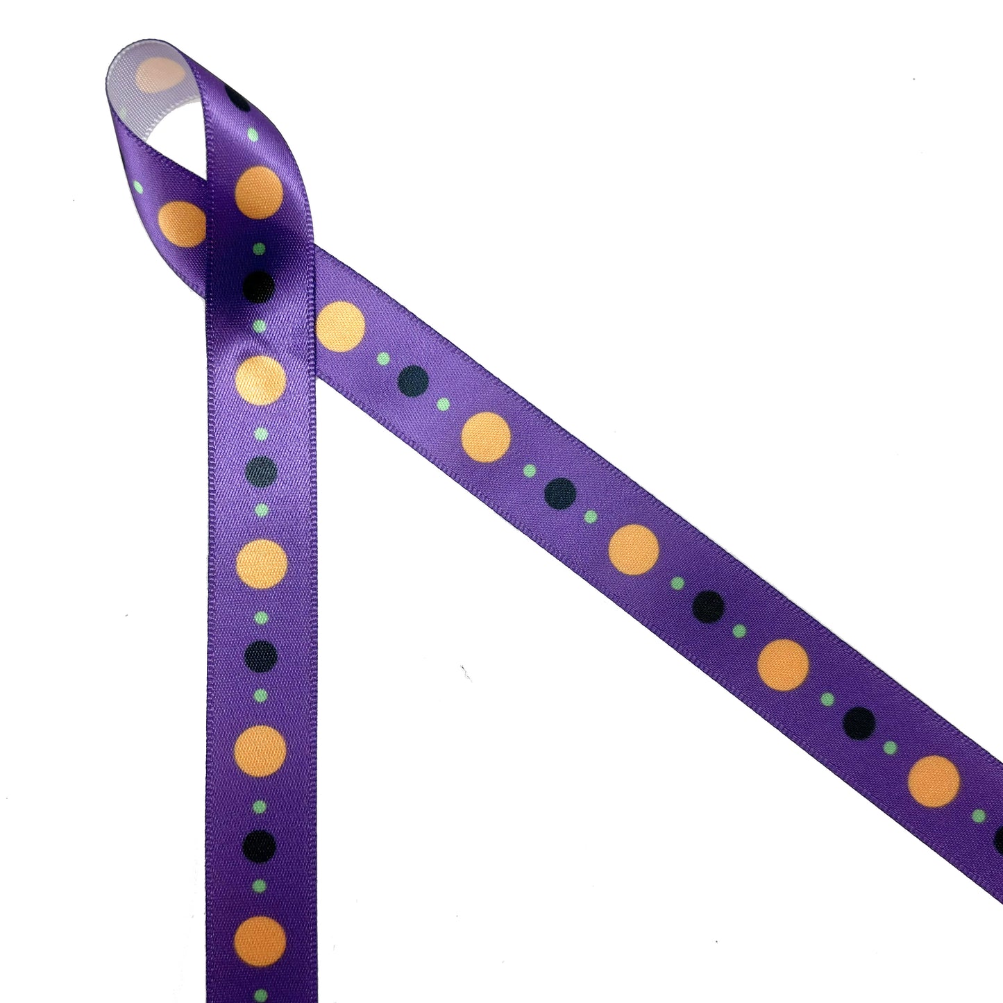 Halloween dots in two variations pastels with purple and tradtional with black printed on 5/8" satin