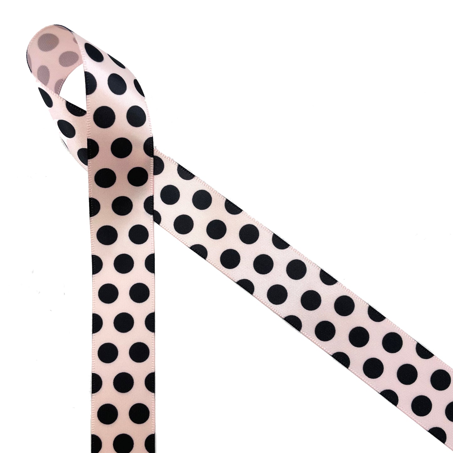 Black  dots ribbon printed on 7/8" light pink single face satin