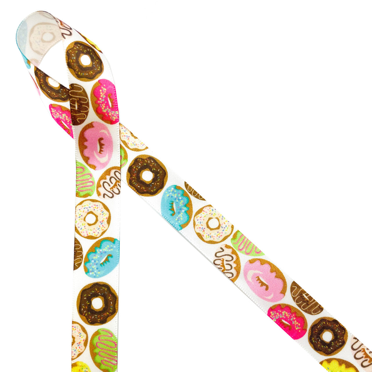 Donuts printed in pastel colored frostings are tossed along our 5/8" white single face satin!