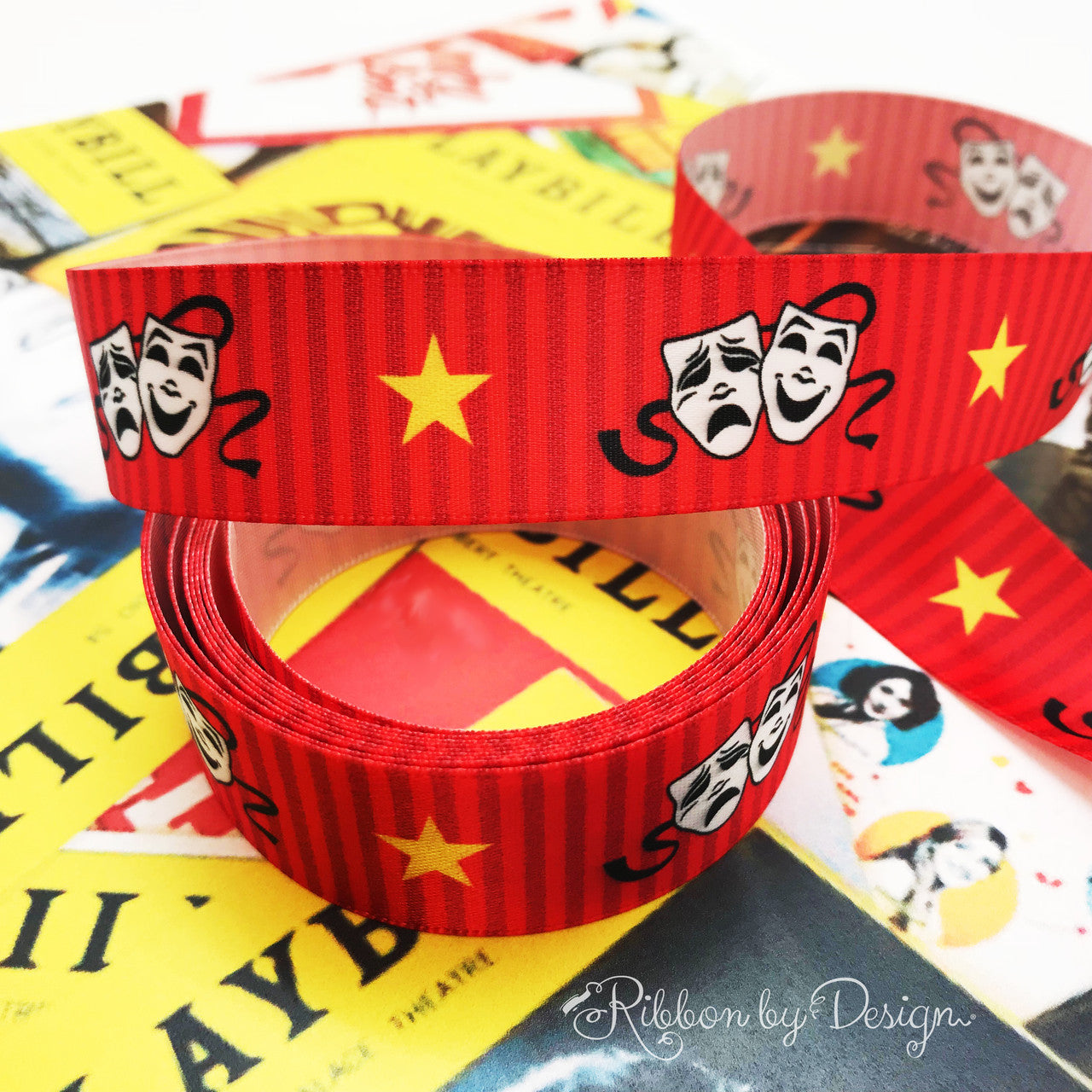 Our theater themed ribbon with the masks of comedy and tragedy on 7/8" white single face satin will make the gifts at any cast party truly pop!