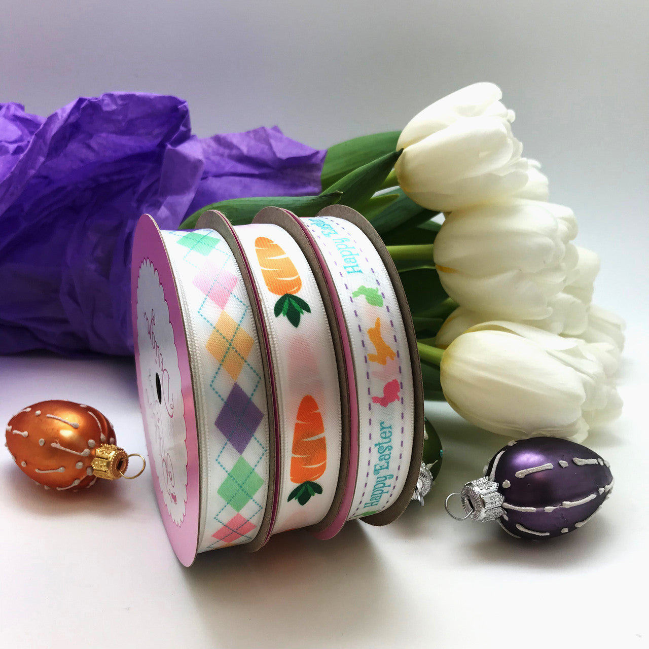 Mix pastel argyle with carrots a row and Happy Easter ribbons to tie on all your Easter baskets and treats!