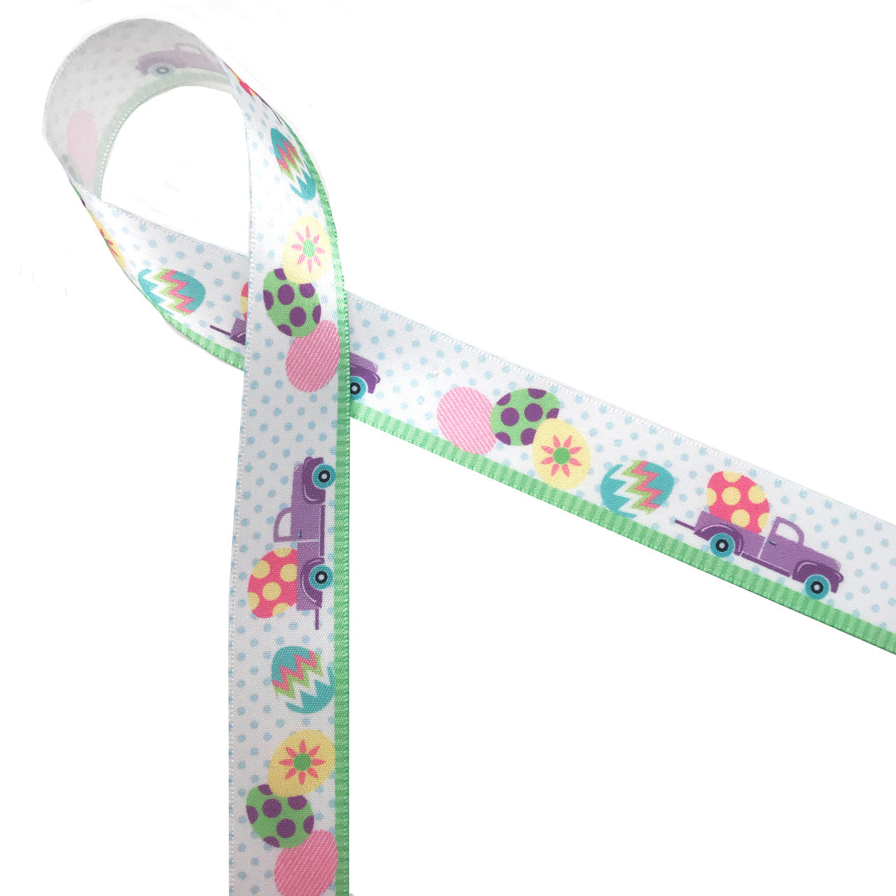 Lavender Egg truck with a large Easter egg in the flat bed and eggs along the ground drives along  Spring green grass and a polka dot background printed on  7/8" white single face satin ribbon. What a fun ribbon for Easter baskets!!