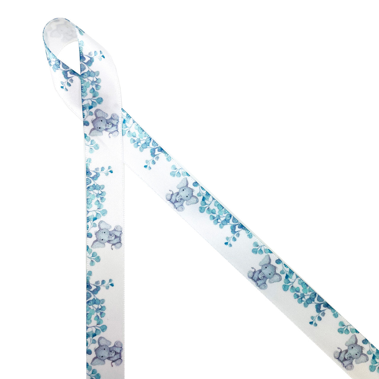 Baby Elephant ribbon with eucalyptus leaves printed on  5/8" and 1.5" white satin