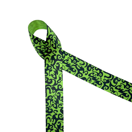 Green Witch ribbon with black swirls for a wicked fun  movie party, gift wrap, party decor, sewing and quilting printed on 1.5" white satin