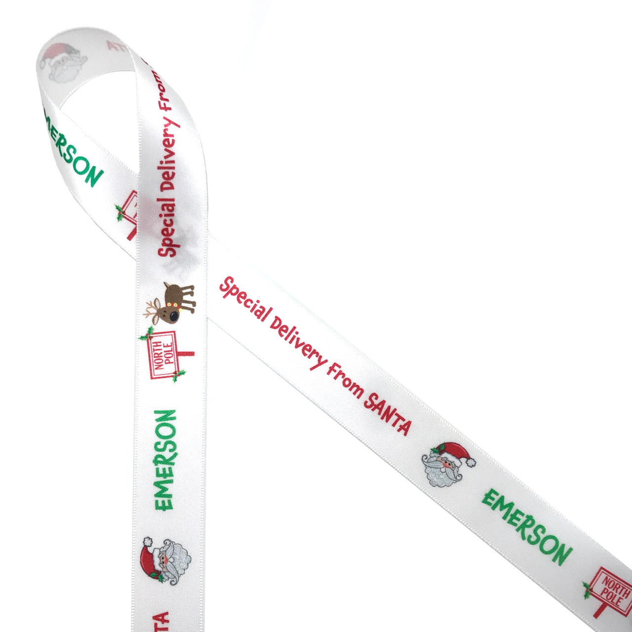 Personalized ribbon featuring any child's name with Special Delivery from Santa along with Santa's Face, a reindeer and North Pole sign printed on 7/8" white single face satin  will make Christmas morning even more magical for those who truly believe!  Make this ribbon part of any child's magical moment! All our ribbon is designed and printed in the USA
