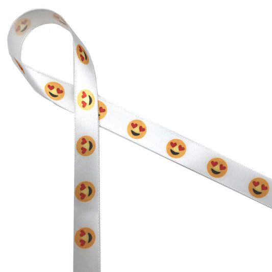 Yellow smiley faces with heart eyes are the cutest expression of young love! This adorable ribbon is printed on 5/8" white single face satin and will add lots of fun to any Valentine celebration.