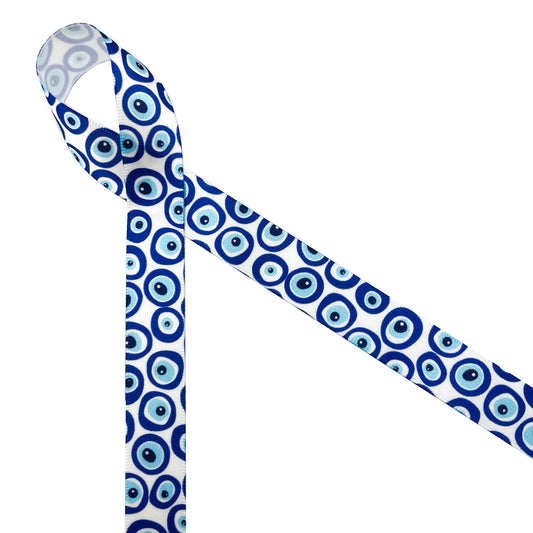 Evil eye ribbon in blue and white printed on 5/8" white single face satin