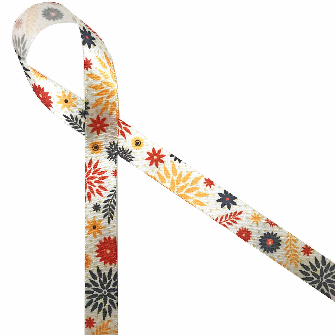 Retro floral design in gold, rust and brown with a tone on tone polka dot background printed on 5/8" Antique white single face satin ribbon. Offered in 10 and 90 yard spools.