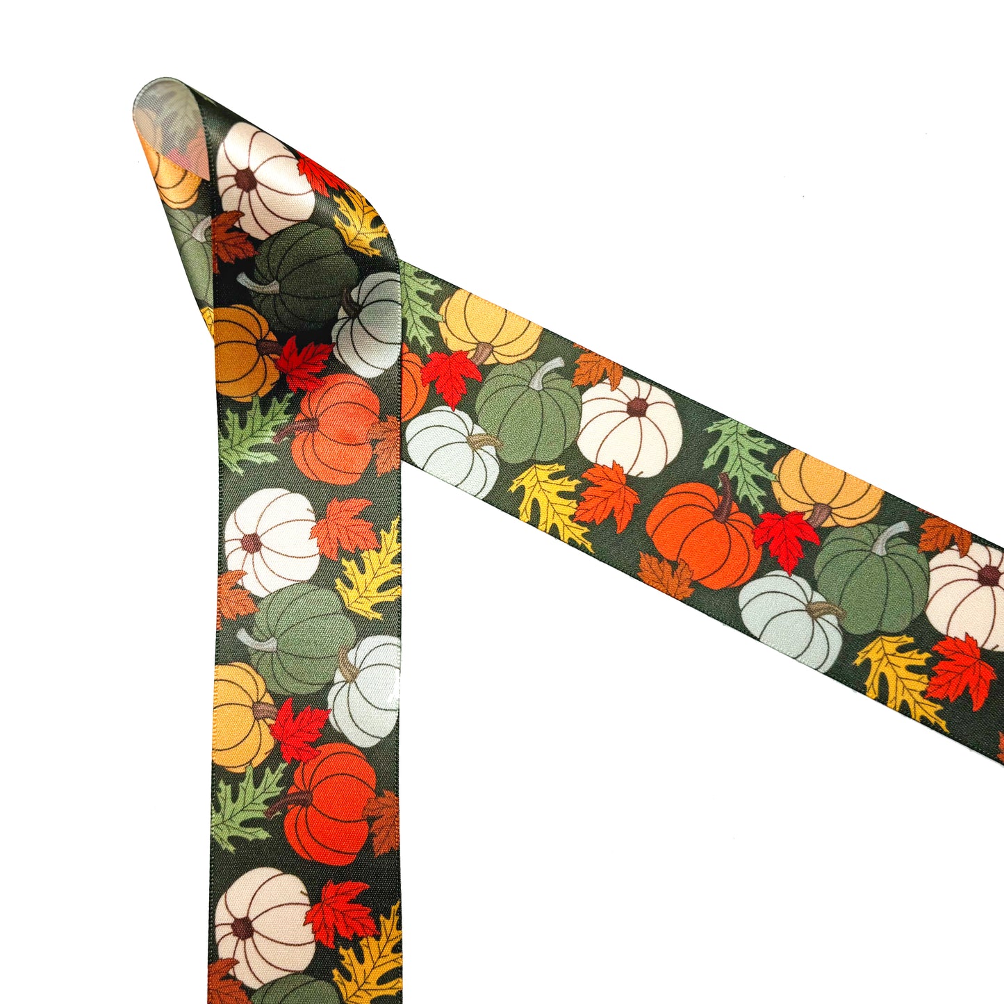 Fall Pumpkin Ribbon artful pumpkins in orange, green, yellow and white with Fall leaves on a dark green background printed on 7/8" and 1.5" white satin