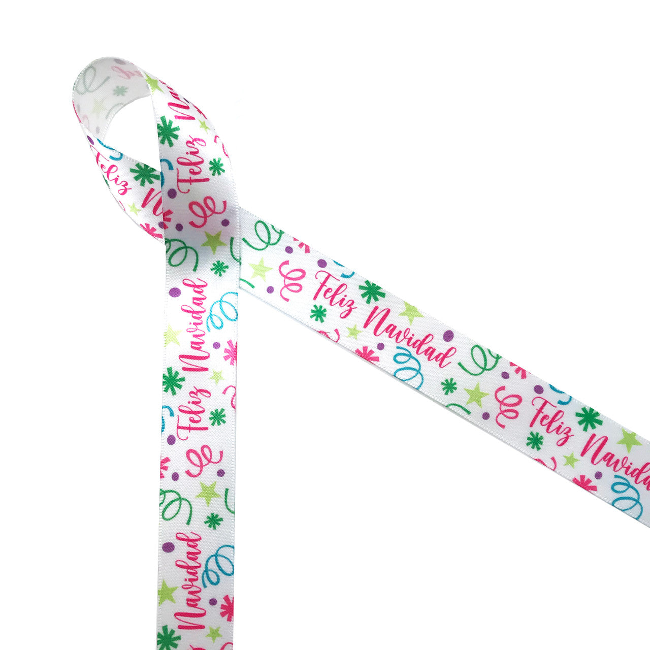 Feliz Navidad is Spanish for Merry Christmas! Our Feliz Navidad ribbon is sprinkled with colorful confetti and streamers in pink, lime green, turquoise and purple on 7/8" white single face satin. This fun, warm festive ribbon is perfect for party favors, gift wrap, table decor, wreaths and tree trim. Be sure to have this fun ribbon on hand for your Holiday decor! Our ribbon is designed and printed in the USA