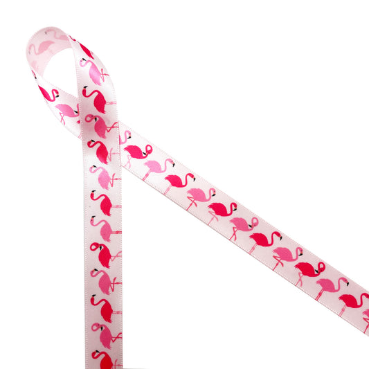 Flamingos are so very fashion forward! These pink flamingos are printed on our 5/8" Lt. Pink single face satin ribbon. Make sure they are part of your next tropical themed party!
