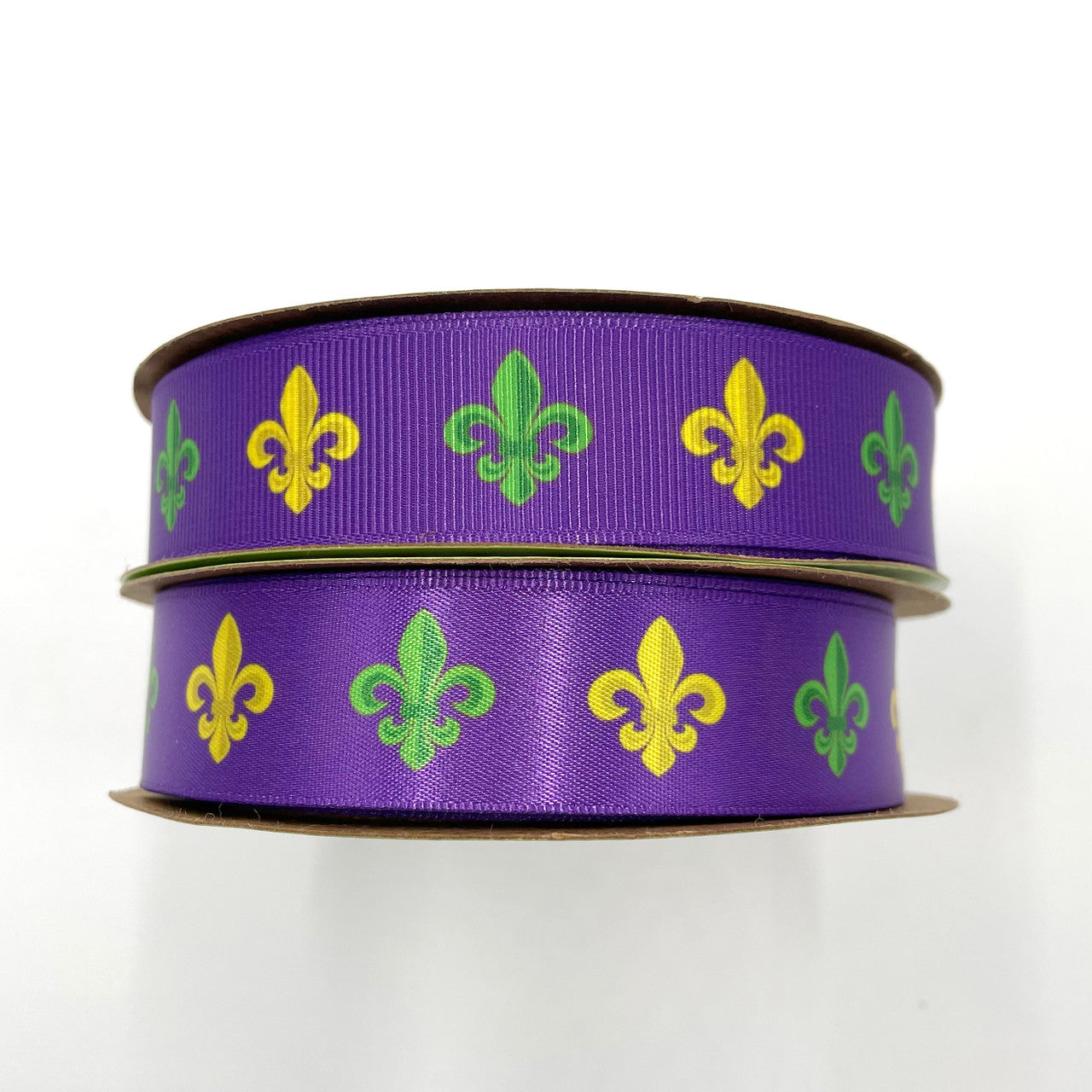 Our beautiful Mardi Gras themed fleur de lis ribbon is available in 7/8" satin and grosgrain ribbons.