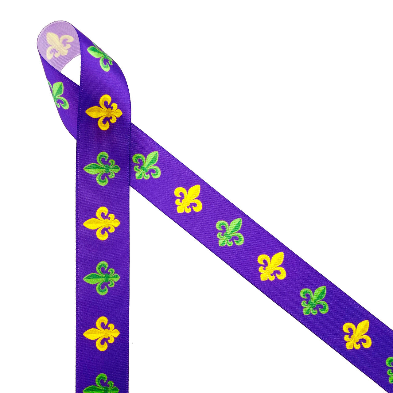 Mardi Gras ribbon featuring fleur de lis in green and yellow on a purple background printed on 7/8" white single face satin is and elegant design for Mardi Gras and Fat Tuesday celebrations. This beautiful ribbon is idea for gift wrap, gift baskets, party decor, table scapes, floral designs, cookies, cake pops, King Cakes, baked goods and candy shops. This is a great ribbon for Mardi Gras themed crafts, sewing projects and quilting. All our  ribbon is designed and printed in the USA