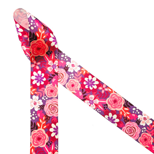 Valentine Ribbon Flowers and Fern in pink and red printed on 1.5" white single face satin