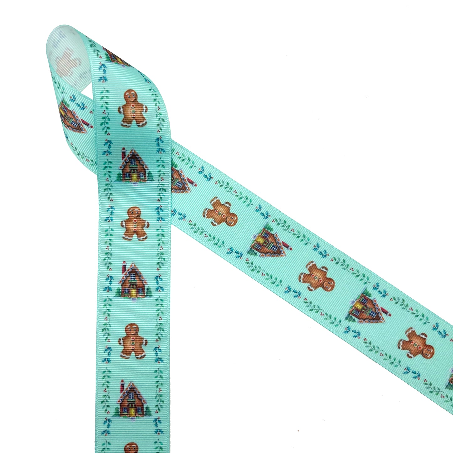 Holiday Cookie ribbon gingerbread men and houses with a holly border on a blue green background printed on 1.5" white grosgrain