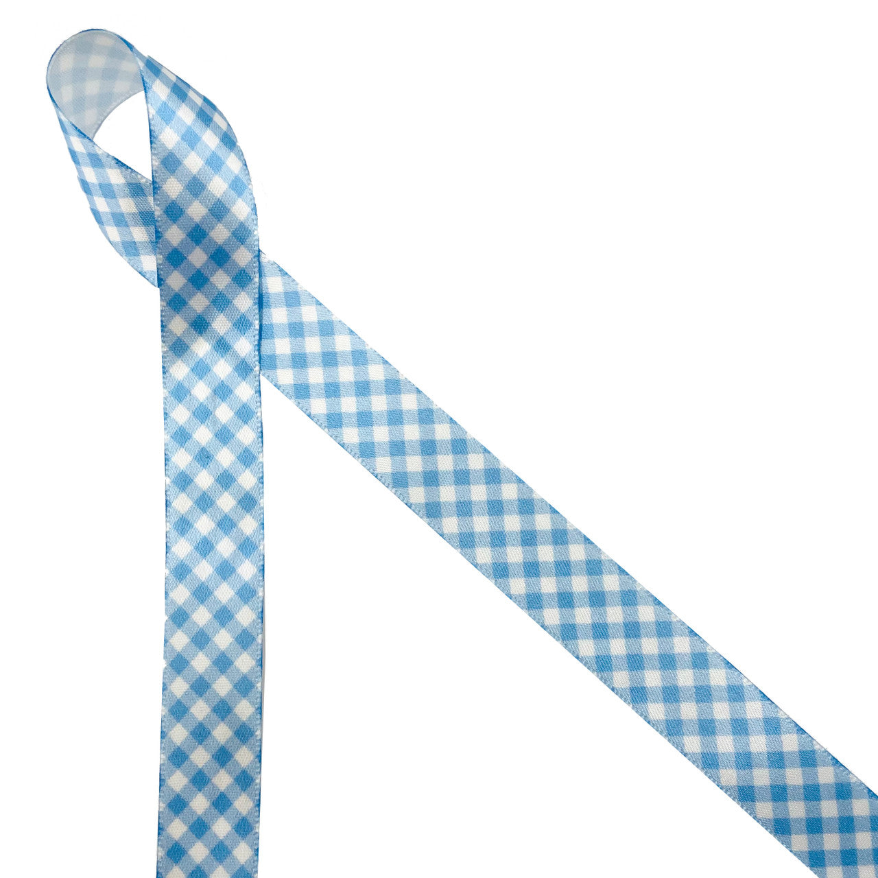 Light Blue gingham printed on 5/8" white single face satin ribbon is such a versatile ribbon for adorning gifts and favors. This is the go to ribbon for baby showers, christenings, birthdays and Summer parties.