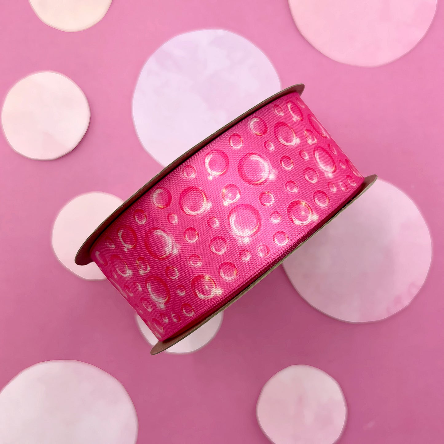 Pink Witch ribbon with bubbles for movie themed parties, party decor, gift wrap, gift baskets, sewing, quilting printed on 1.5" white satin