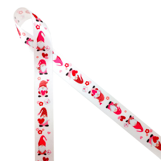 Valentine gnomes in pink and red with love letters and hearts printed on 7/8" white single face satin ribbon is perfect for all your Valentine gifts, parties and decor. This sweet ribbon will bring love and magic to your Valentine craft projects, sewing and quilting projects too. All our ribbon is designed and printed in the USA