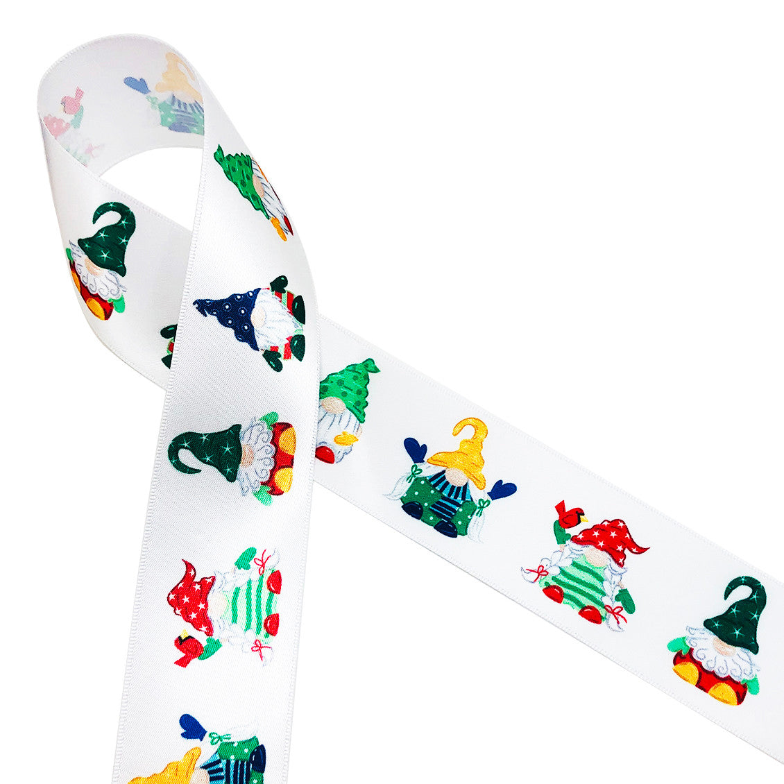 Sweet little Christmas gnomes with adorable little hats and Christmas outfits printed on 1.5" white single face satin ribbon is ideal for gift wrap, decor, treat bags, Christmas cookies and crafts. Our ribbon is designed and printed in the USA