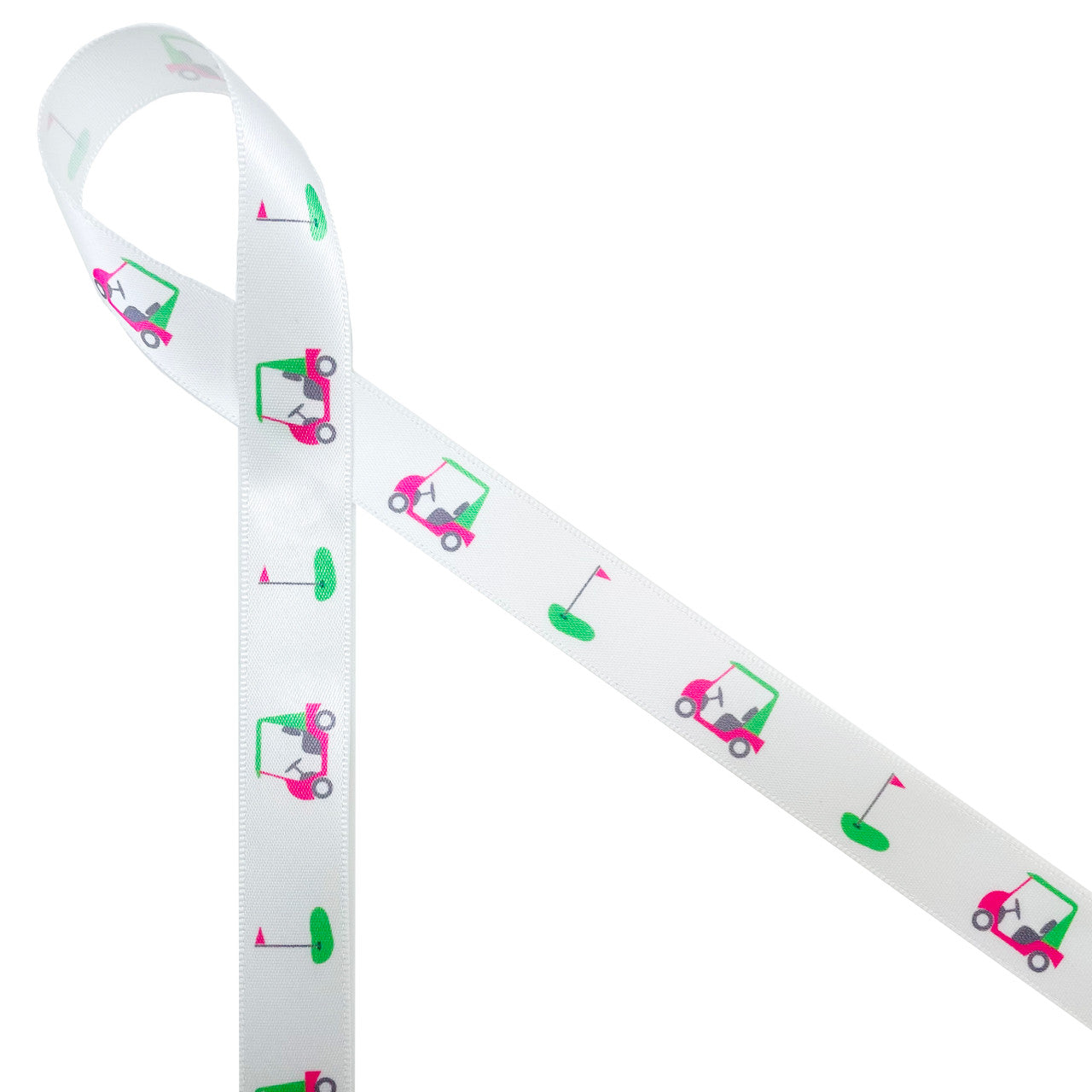 Golf carts in pink and green with greens flag printed on 5/8" white single face satin ribbon is ideal for all ladies golfing events. This is fun ribbon for gift wrap, awards banquets, tournaments and Mother's Day. Make sure you have this fun ribbon on hand for the lady golfer in your life! All our ribbon is designed an printed in the USA
