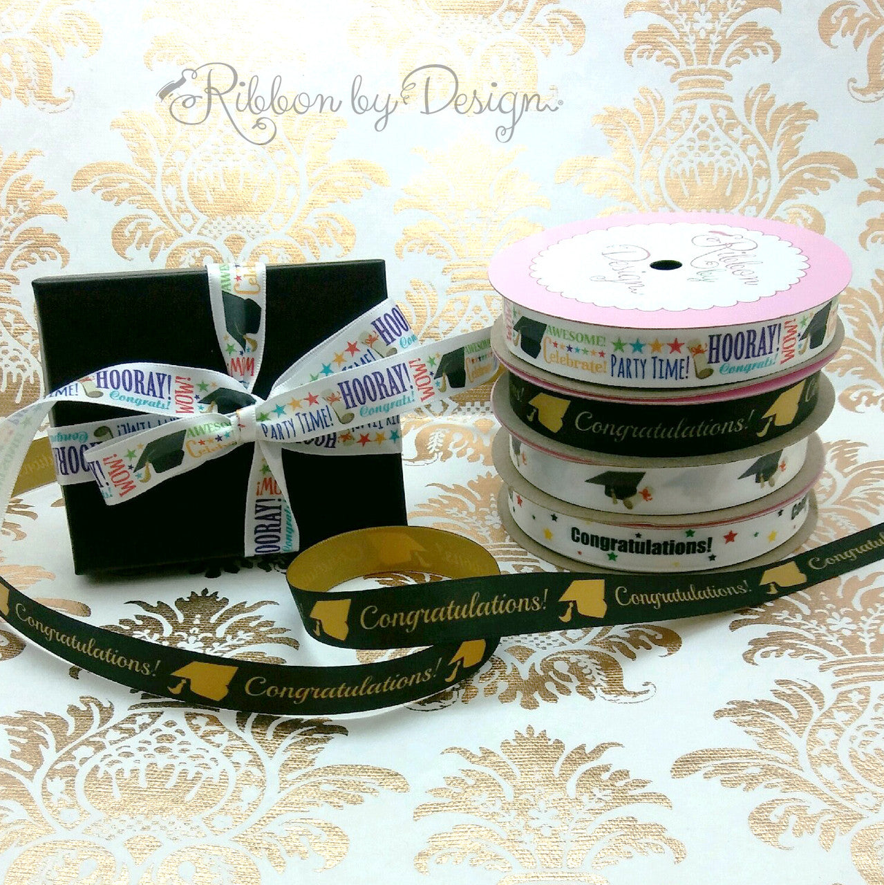All our graduation themed ribbons work together as a collection! Mix and match these ribbons to make the most of the party!