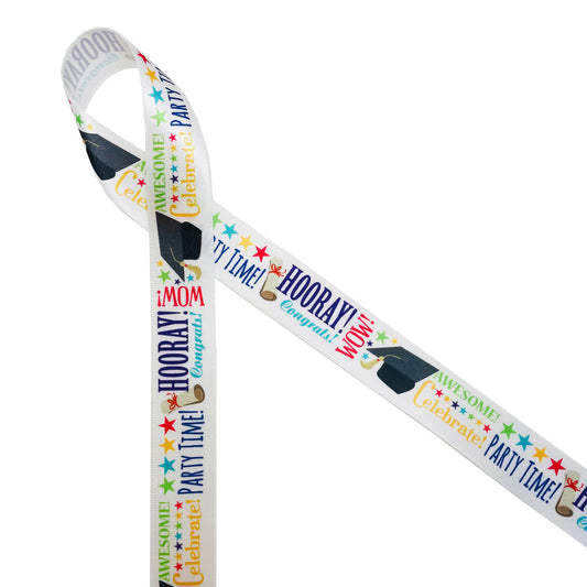 Graduation word block ribbon with mortar boards, diplomas, stars, and words of celebration printed on 7/8" white single face satin ribbon is the ideal ribbon for celebrating the graduate. This fun ribbon is perfect for party decor, party favors, gift wrap, cookies, cake pops and sweets tables. All our ribbon is designed and printed in the USA