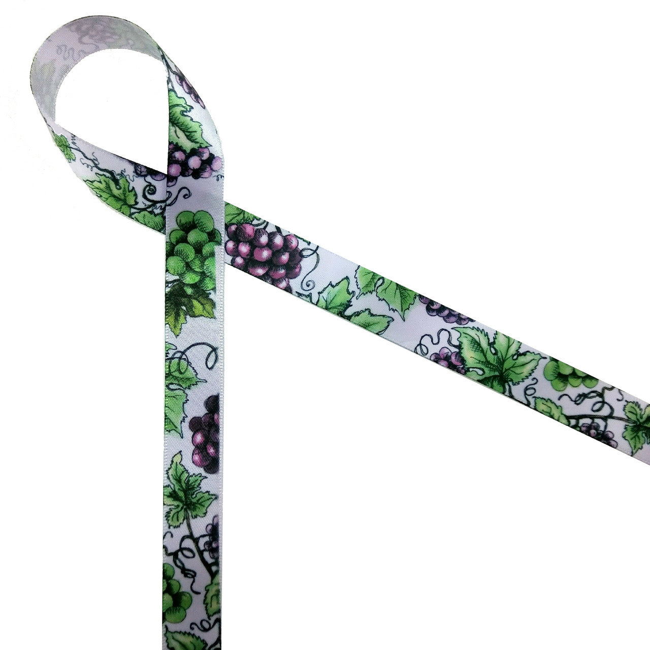 Grapes and grape leaves on 5/8" light orchid single face satin ribbon is the perfect addition to any grape themed gift or favor! Designed and printed in the USA