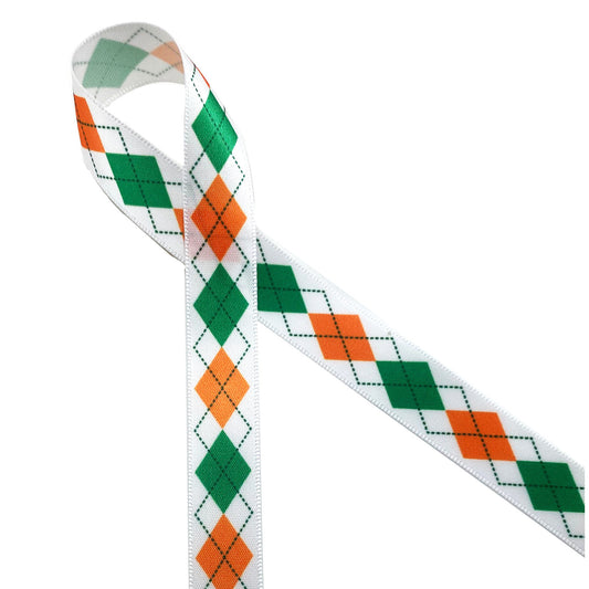 Argyle in orange, green and white on 5/8" white single face satin is a fun pattern to add to the St. Patrick's Day celebrations! Designed and printed in the USA