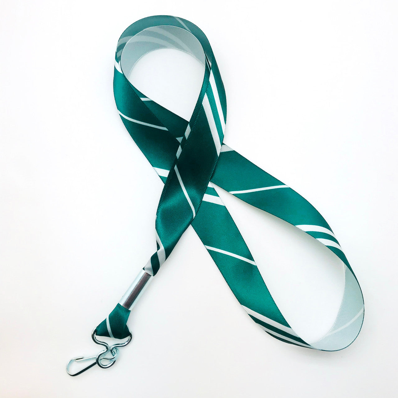 Ribbon lanyard in green and silver stripes printed on 7/8" silver single face satin ribbon is a fun gift idea for all the Wizard fans on  your gift list. Perfect for events, parties and weddings too! All our products are designed, printed and assembled in the USA