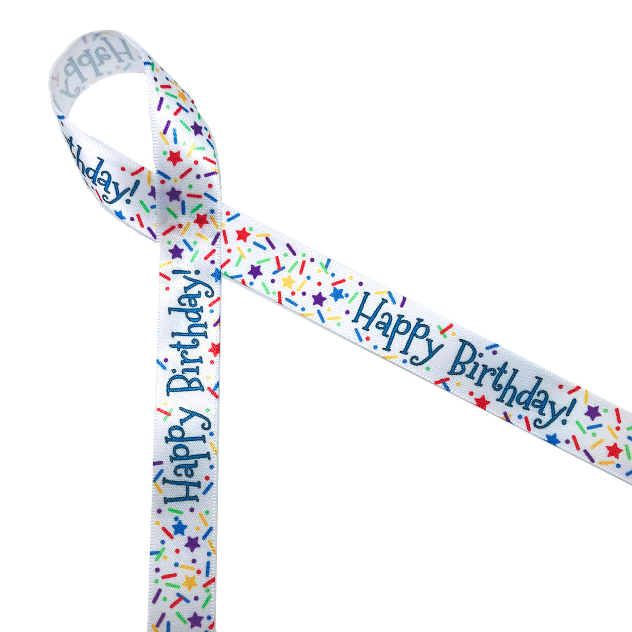 Happy Birthday on 5/8" White single face satin ribbon is embellished with sprinkles and stars for a complete birthday celebration.