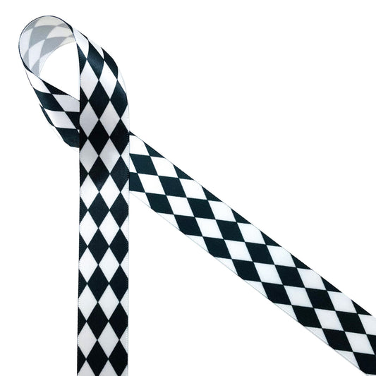 Black and white harlequin on 7/8" White Single Face Satin ribbon
