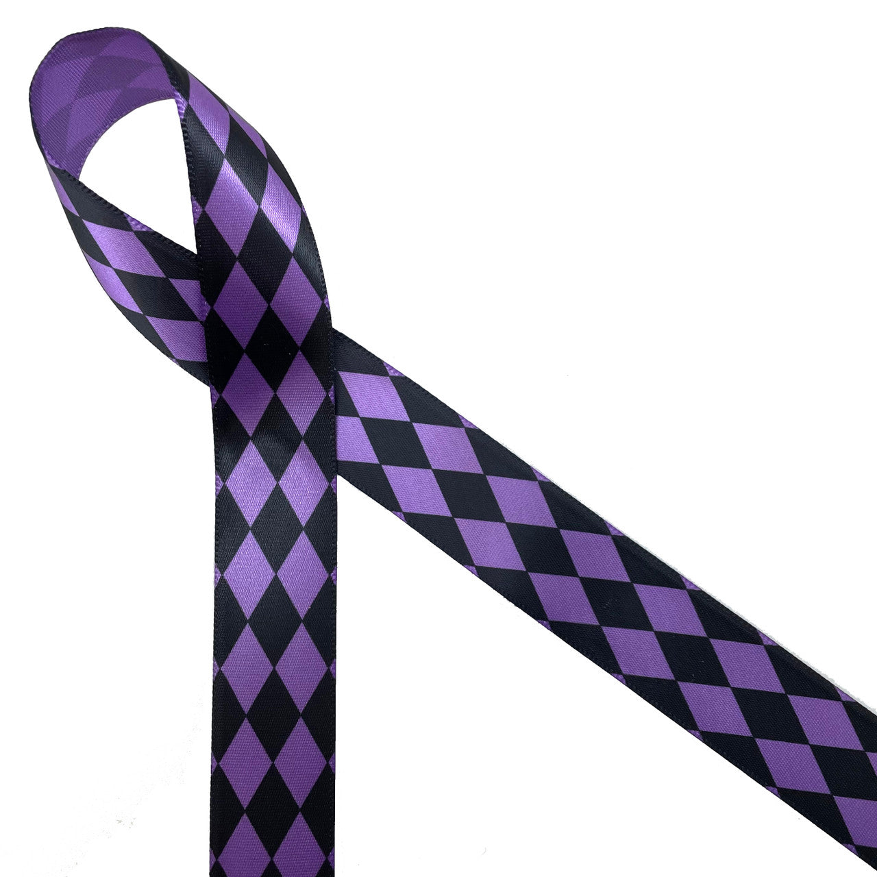 Harlequin print in black on  7/8" Purple Single Face Satin Ribbon, 10 Yards
