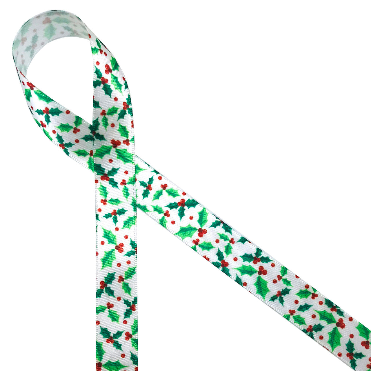 Holly leaves of green with red berries on 5/8" white single face satin ribbon, 10 Yards