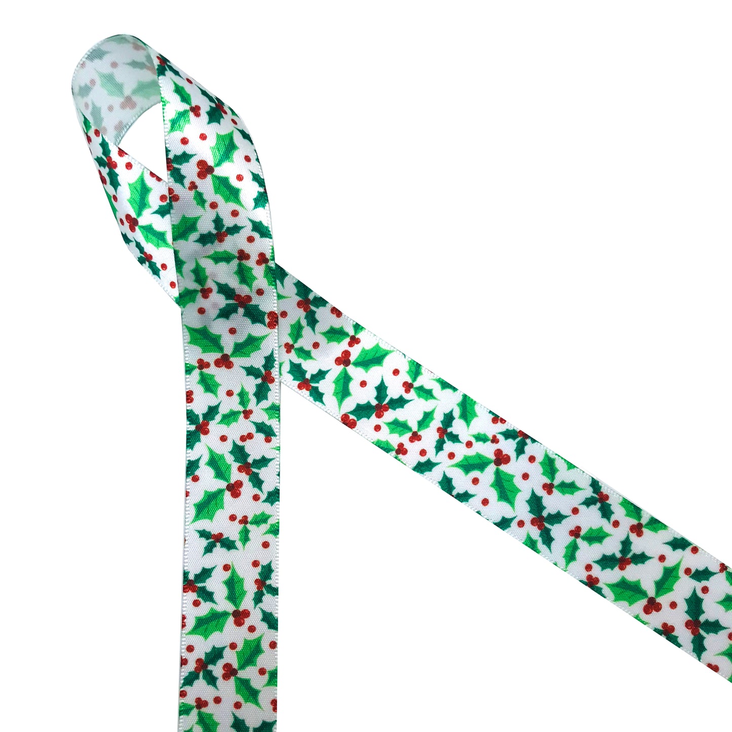 Holly and berries ribbon in green with red berries on 5/8" and 7/8"  white single face satin ribbon