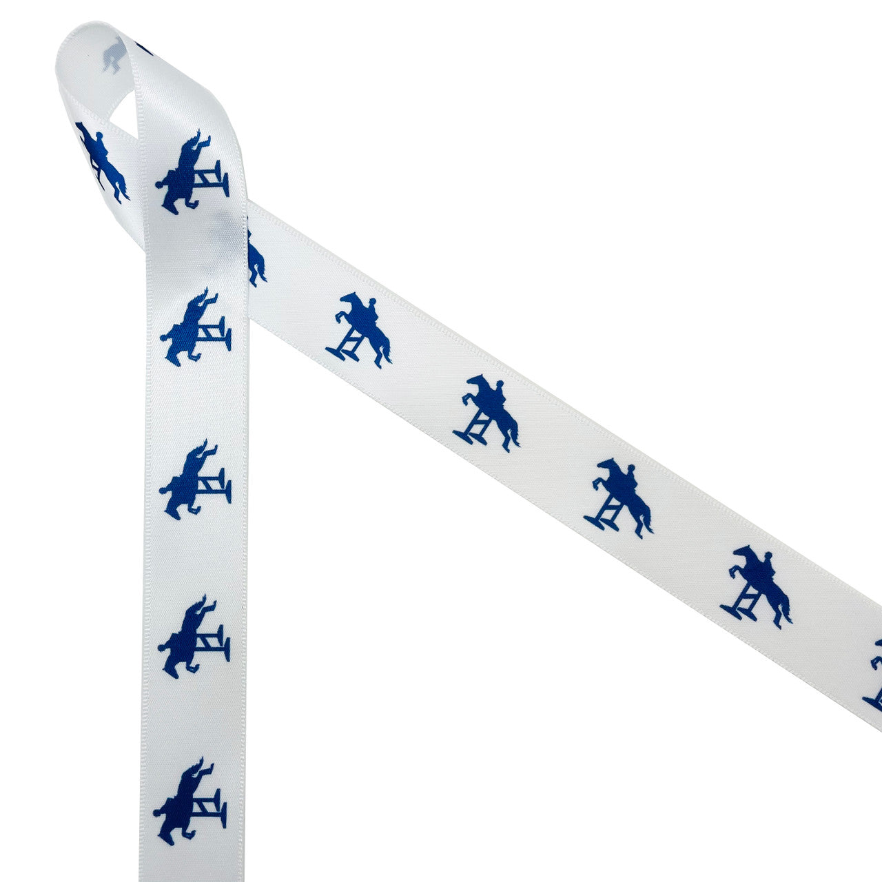 Horse jumping fences in navy blue printed on 7/8" white satin ribbon is ideal for the equestrian in your life. This classic design is perfect for pony finals ribbons, hair bows, horse shows, head bands, party decor, floral design and craft projects. Be sure to have this ribbon on hand for quilting and sewing projects too! All our ribbon is designed and printed in the USA