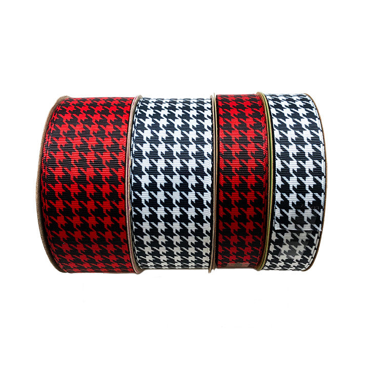 Our houndstooth check in black on either red or white grosgrain makes for beautiful hair bows and wreath ribbons!
