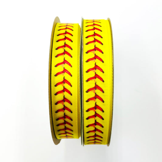 Softball ribbon red softball stitches on a bright yellow background printed on 5/8" white grosgrain and satin