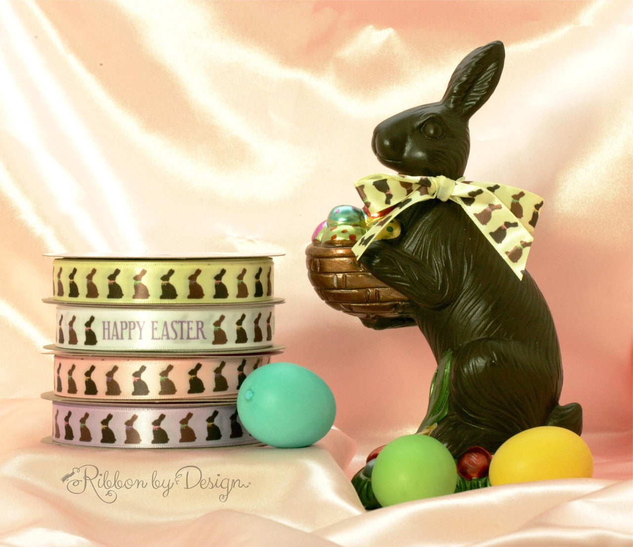 Happy Easter Chocolate Bunny Ribbon on 5/8" white single face satin