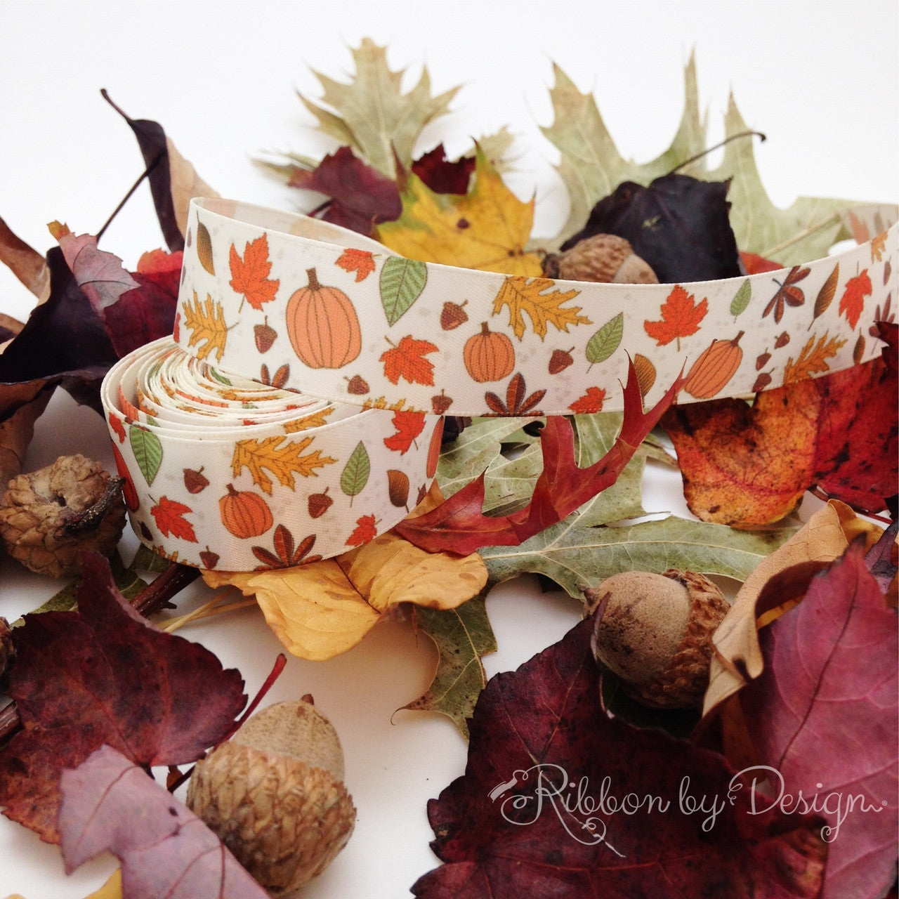 Fall Ribbon Leaves and Pumpkins on 7/8" Antique white Single Face Satin Ribbon