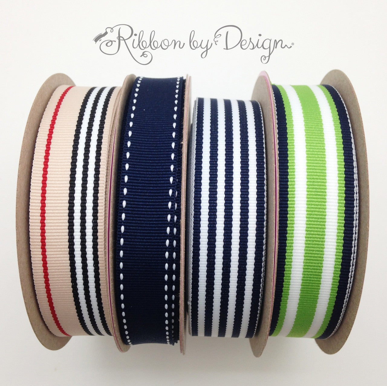 Stripes  Ribbon of Navy blue, Lime green and White Woven7/8" Grosgrain