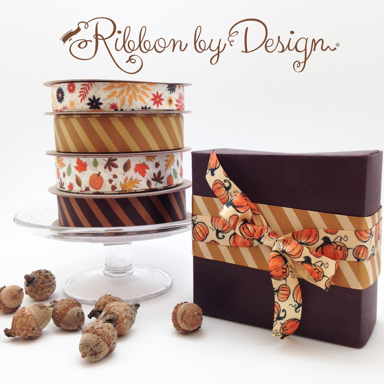 Fall Retro Ribbon, Flora and fern in gold, orange and brown printed on 5/8" Antique white single face satin