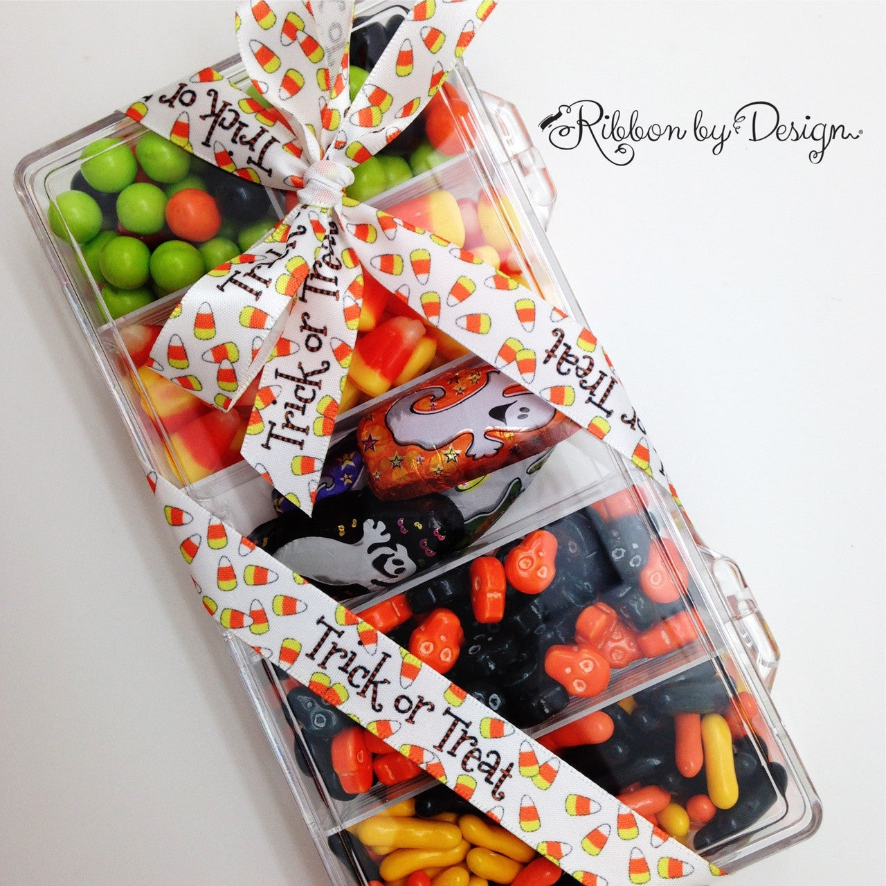 Trick or Treat Ribbon with candy corn on 5/8" white single face satin ribbon
