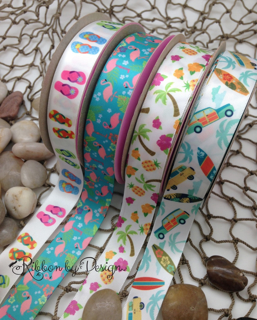 Flamingo and floral Ribbon, blue background on 7/8" White single face satin