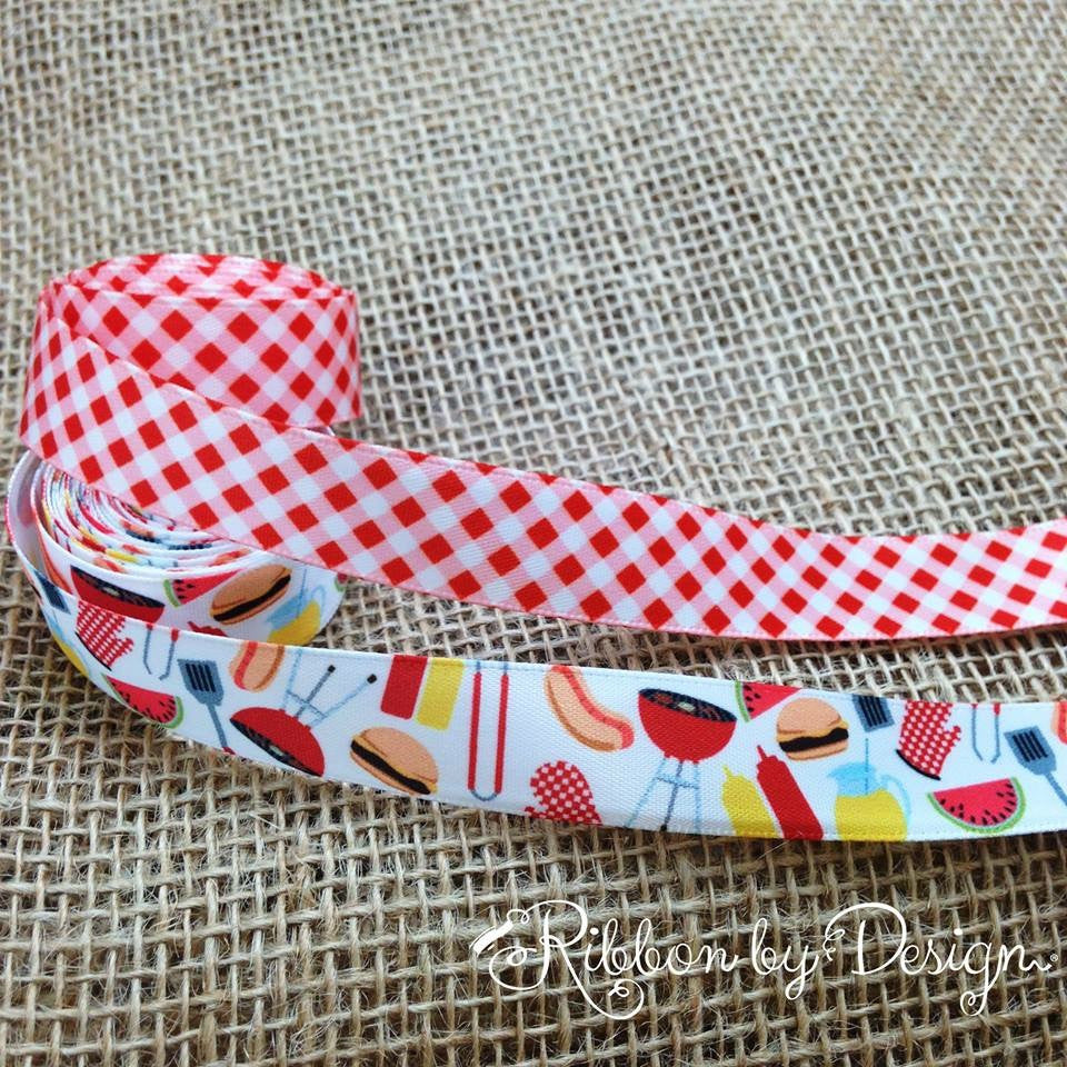 Gingham Check Ribbon in red and white printed on 5/8" White Single Face Satin
