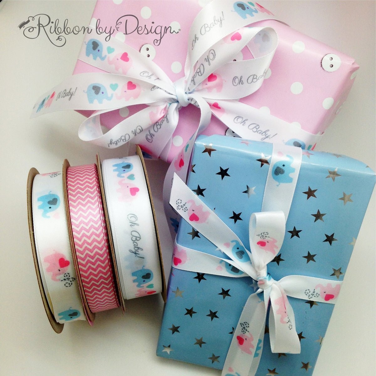 Pink Elephant Ribbon Baby Elephants in a row in pink and blue with spouting trunks on 5/8 ...